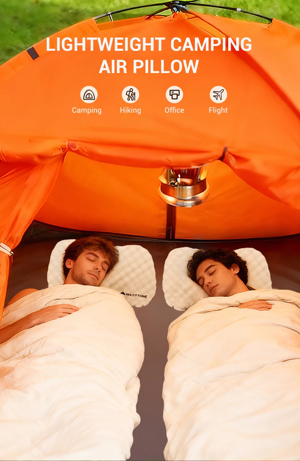 Two people sleeping on a camping air pillow with an orange tent in the background.