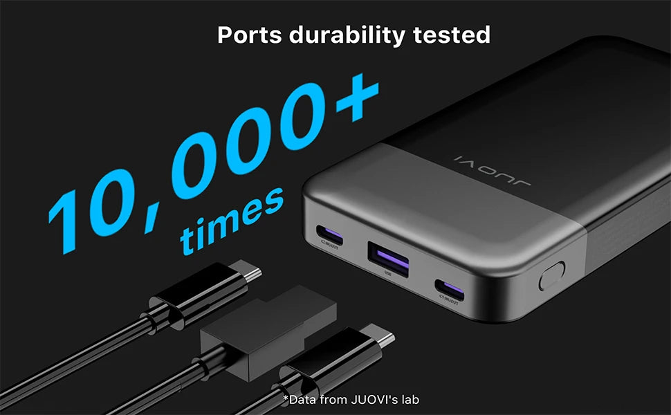 Portable device with multiple ports and cables on a black background, highlighting durability testing.