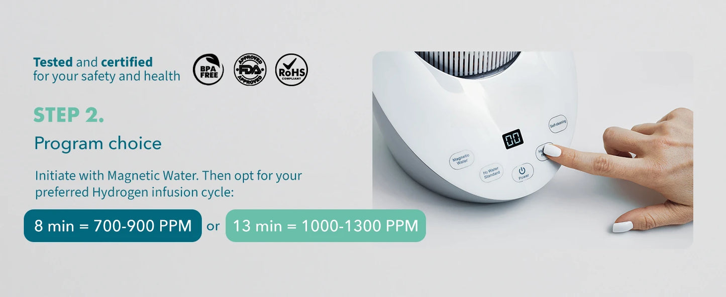 Hand pressing a button on a white electronic device with text about water treatment and program choices.