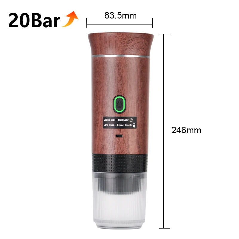Wooden-textured handheld device with measurements and 20Bar logo on a white background