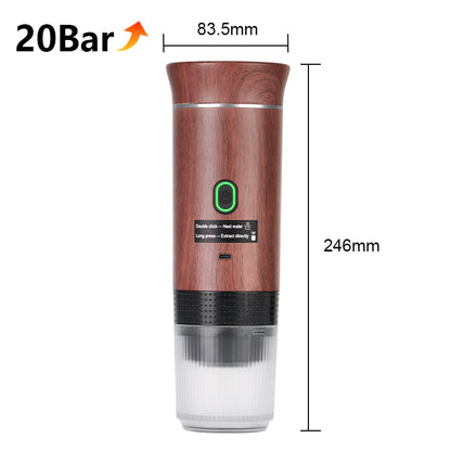 Wooden-textured handheld device with measurements and 20Bar logo on a white background