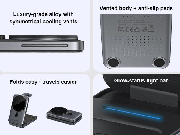 Product features including luxury-grade alloy, vented body, anti-slip pads, ease of folding and travel, and glow-status light bar.