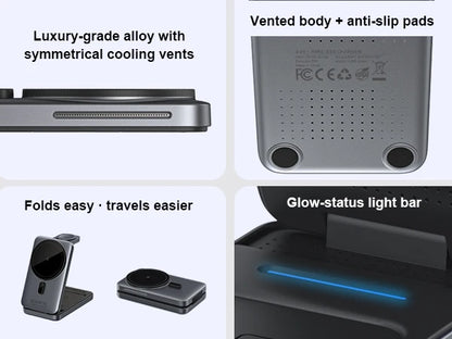Product features including luxury-grade alloy, vented body, anti-slip pads, ease of folding and travel, and glow-status light bar.