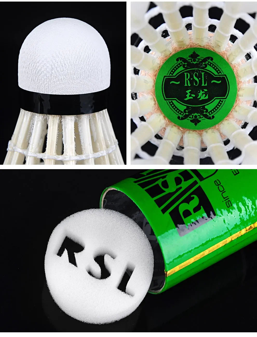 Collage of a badminton shuttlecock with RSL branding, close-up of the shuttlecock, and RSL packaging.