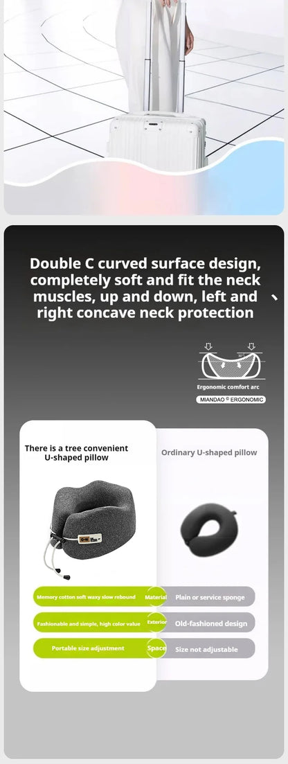 Neck pillow packaging with text and images on a white background
