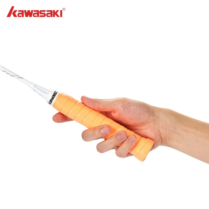 Hand holding a knife with an orange handle on a white background, featuring the Kawasaki brand.