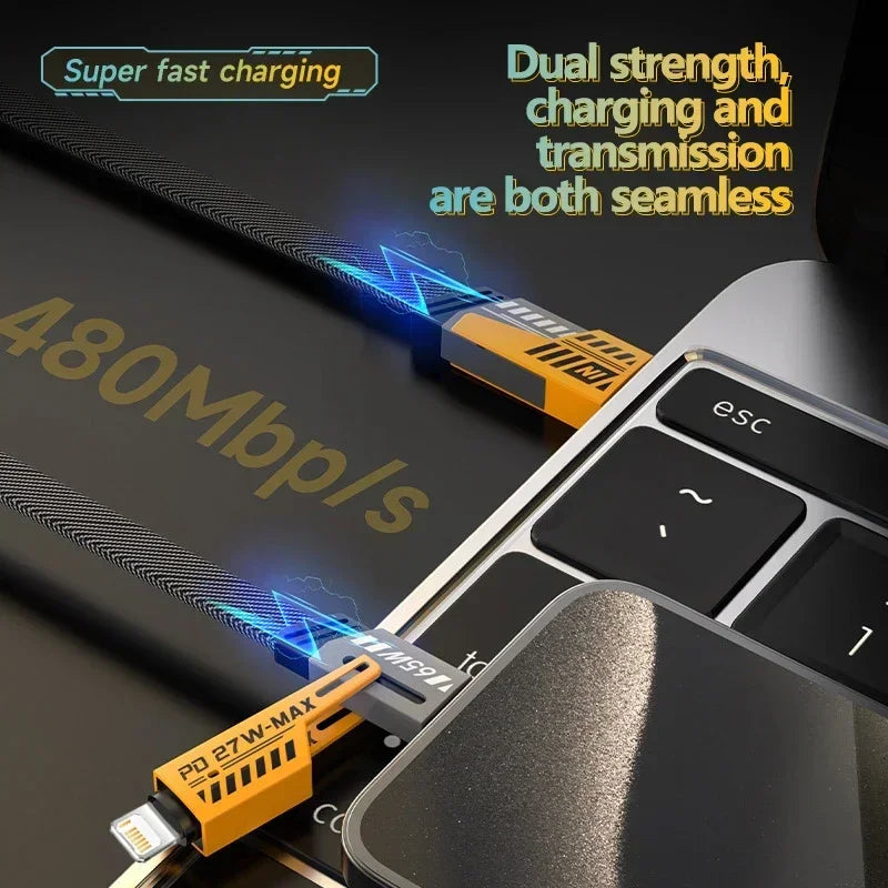 USB cable with charging and transmission features on a laptop keyboard background