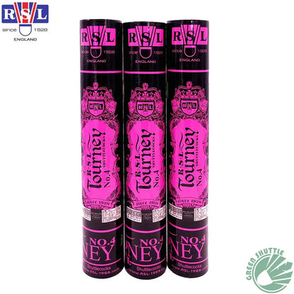 Three RSL Tourney No. 4 shuttlecock packaging on a white background