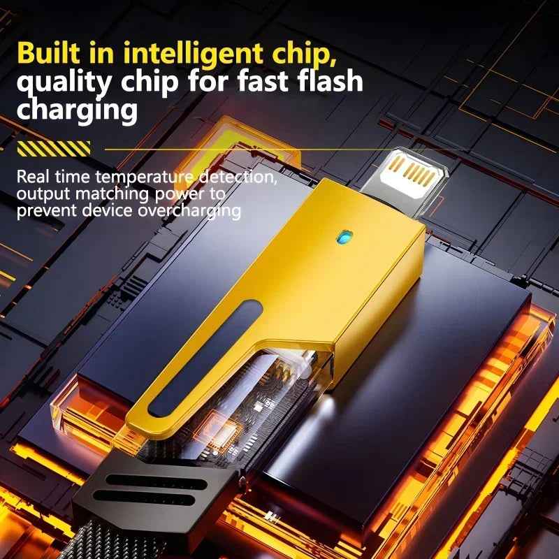 Yellow charging cable with text about intelligent chip and fast flash charging on a dark background