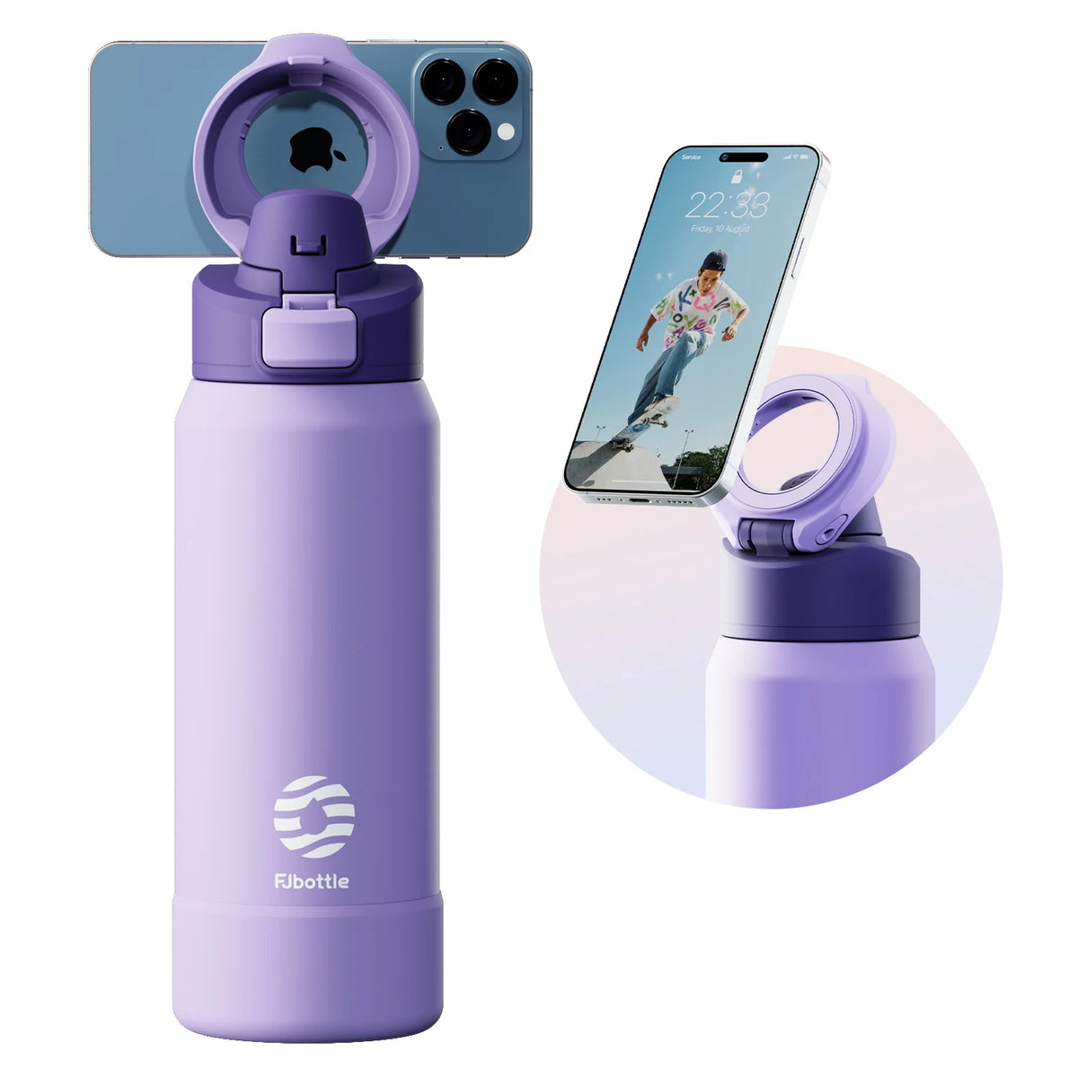 Purple water bottle with phone holder attachment on a white background