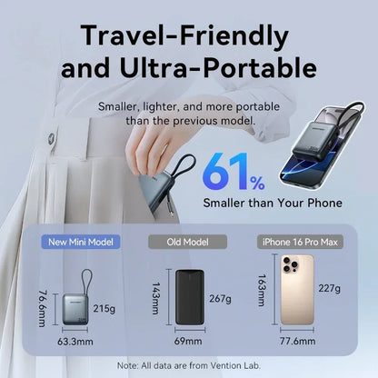 Mini Power Bank 10000mAh – 35W Fast Charge with Built-in Cable & Digital Display