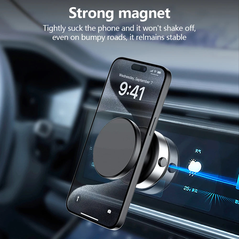 Phone holder with strong magnet on a car dashboard