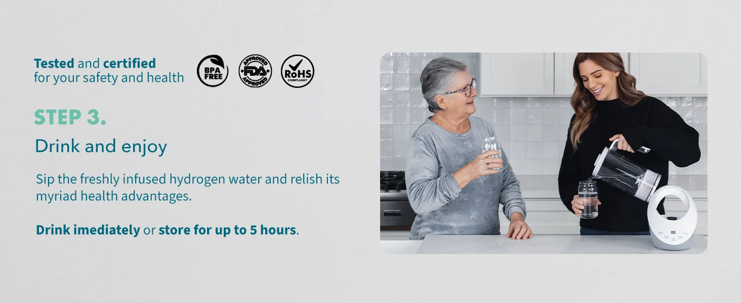 Two women in a kitchen with one pouring water into a glass and the other holding a glass, with text about hydrogen water on a light gray background.