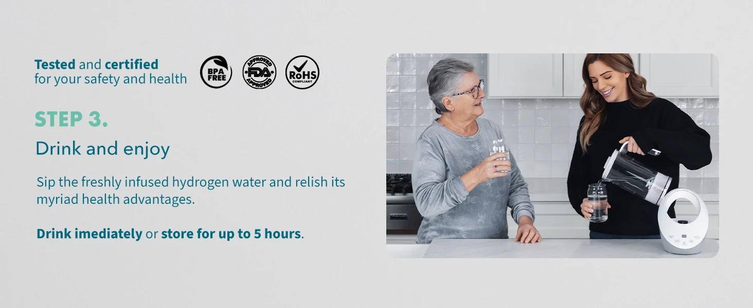 Two women in a kitchen with one pouring water into a glass and the other holding a glass, with text about hydrogen water on a light gray background.