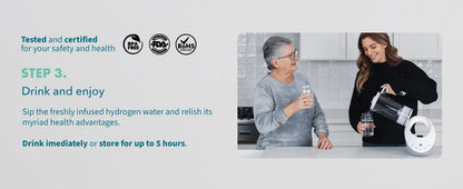 Two women in a kitchen with one pouring water into a glass and the other holding a glass, with text about hydrogen water on a light gray background.