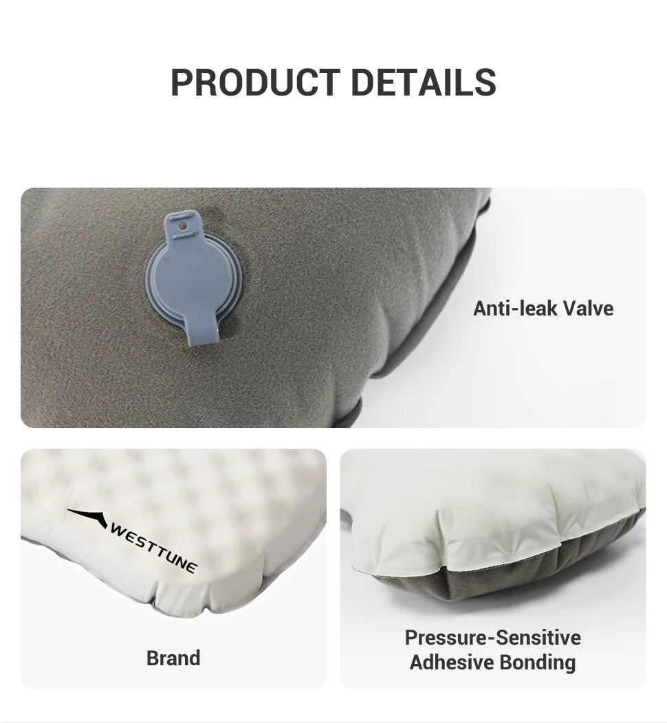 Product details of an inflatable pillow with anti-leak valve, Westtune brand, and pressure-sensitive adhesive bonding.