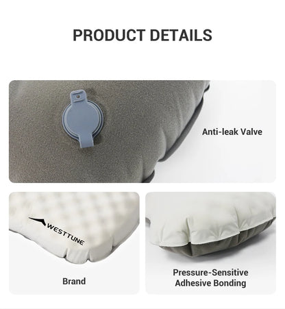 Product details of an inflatable pillow with anti-leak valve, Westtune brand, and pressure-sensitive adhesive bonding.