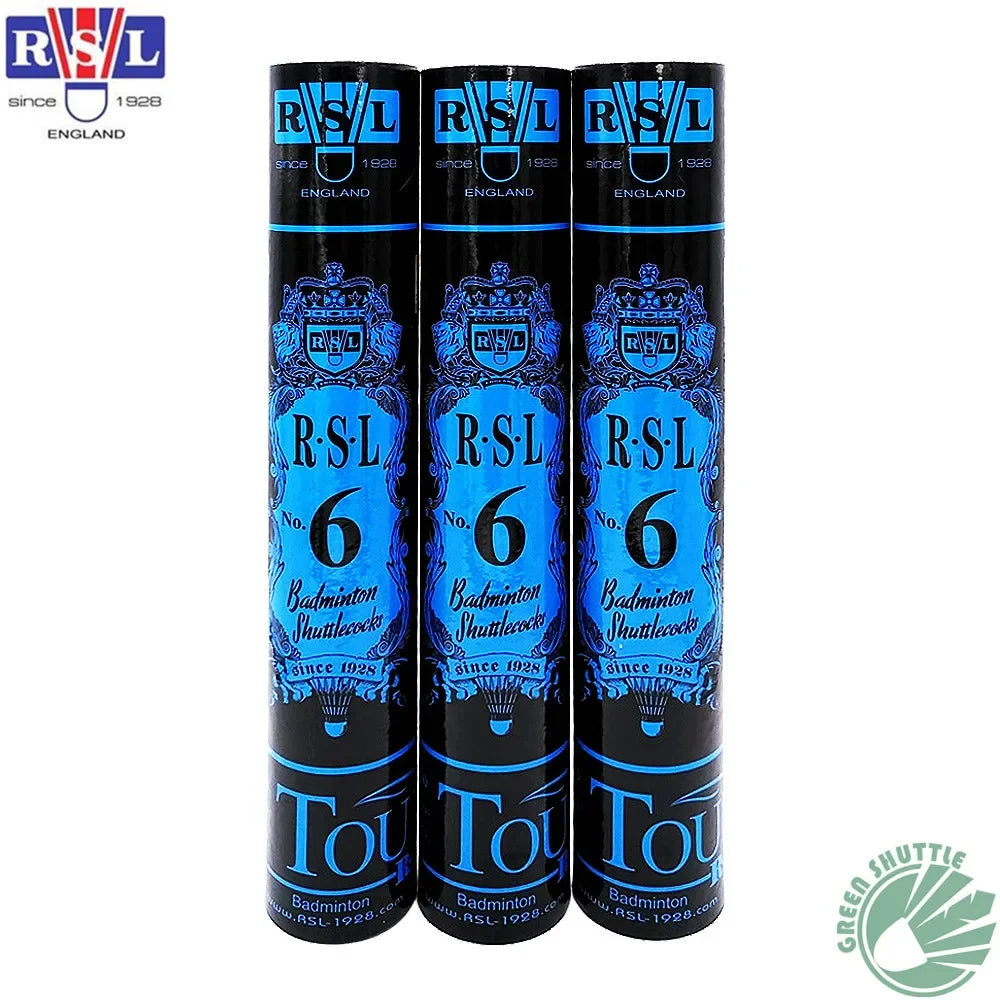 Three RSL badminton shuttlecock tubes on a white background with RSL logo.
