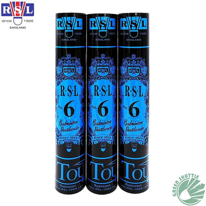 Three RSL badminton shuttlecock tubes on a white background with RSL logo.