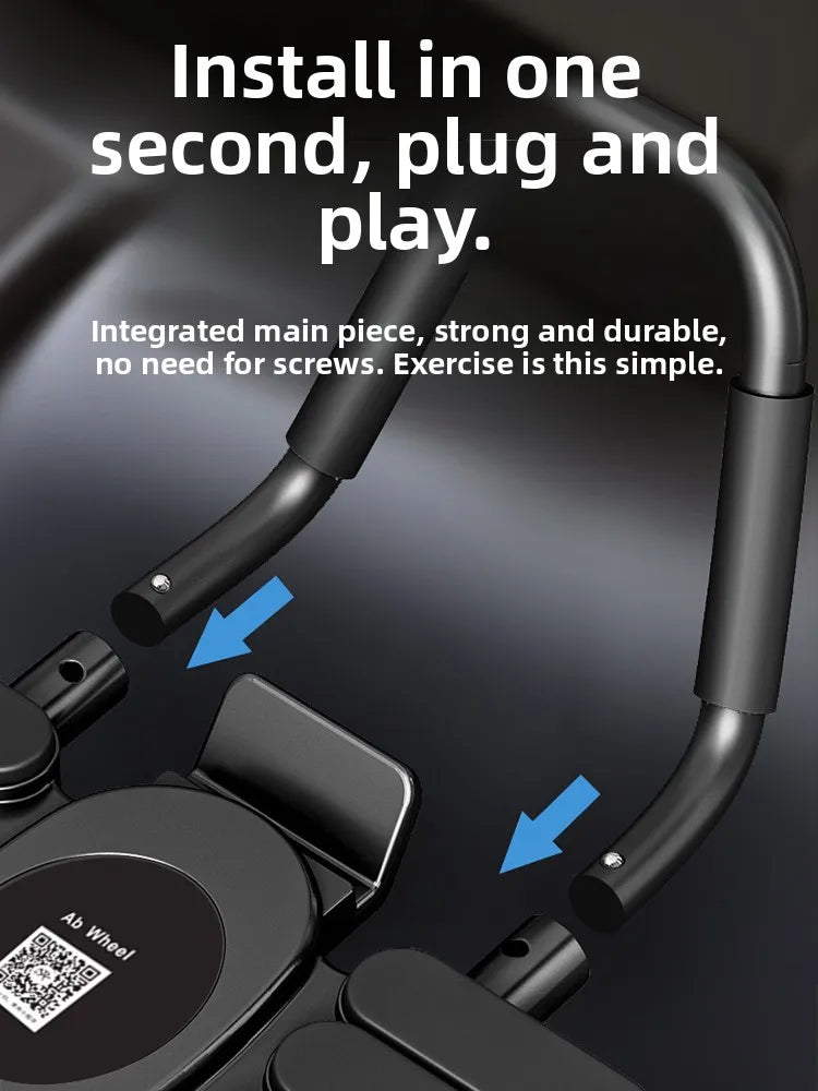 Black exercise wheel with text indicating quick installation and plug-and-play feature.