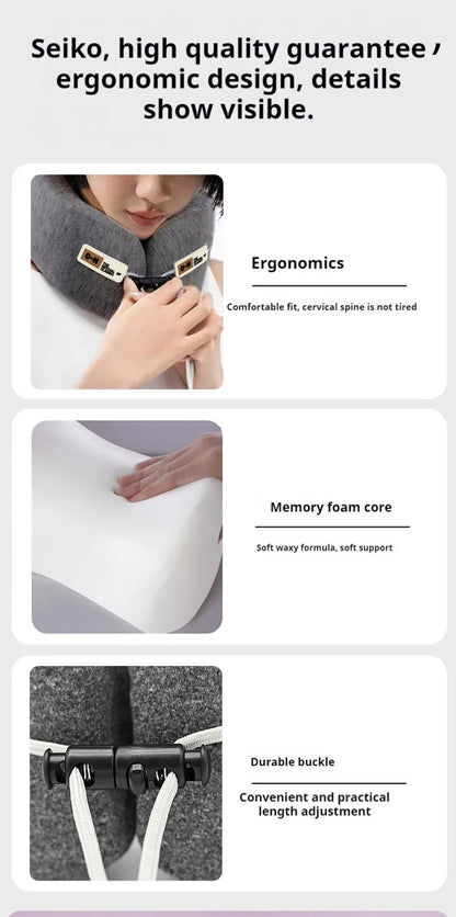 Product features of a neck pillow with text highlighting Seiko quality, ergonomic design, and comfort.