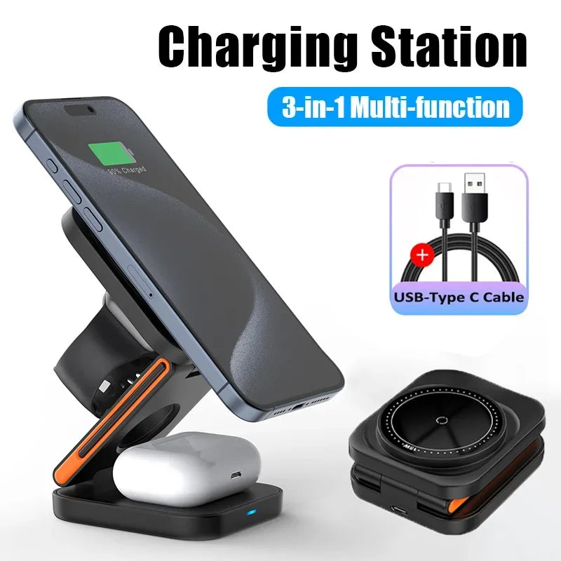 3-in-1 multi-function charging station with phone, earbuds, and USB cable on a white background