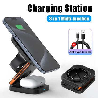 3-in-1 multi-function charging station with phone, earbuds, and USB cable on a white background
