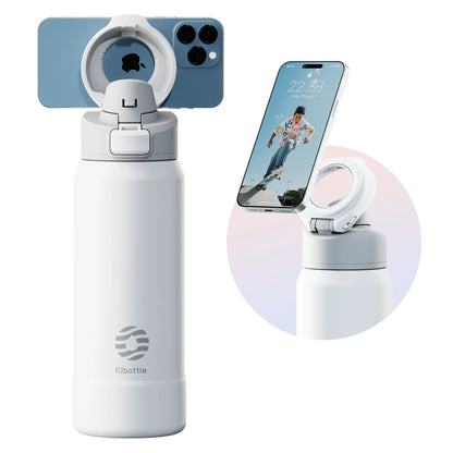 White water bottle with phone holder and smartphone displaying a person on a skateboard.