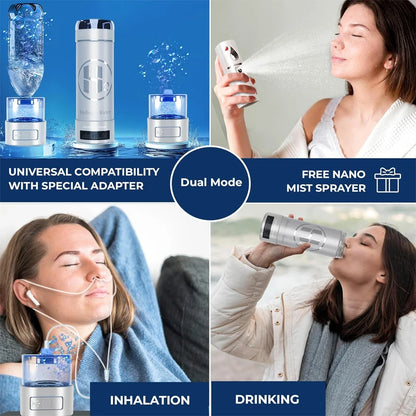 Product advertisement for a nano mist sprayer with inhalation, drinking, and dual mode features.