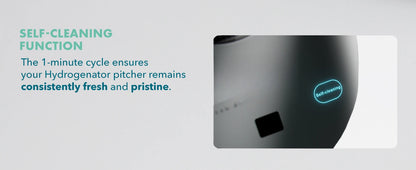 Hydrogenator pitcher with self-cleaning function text on a light gray background