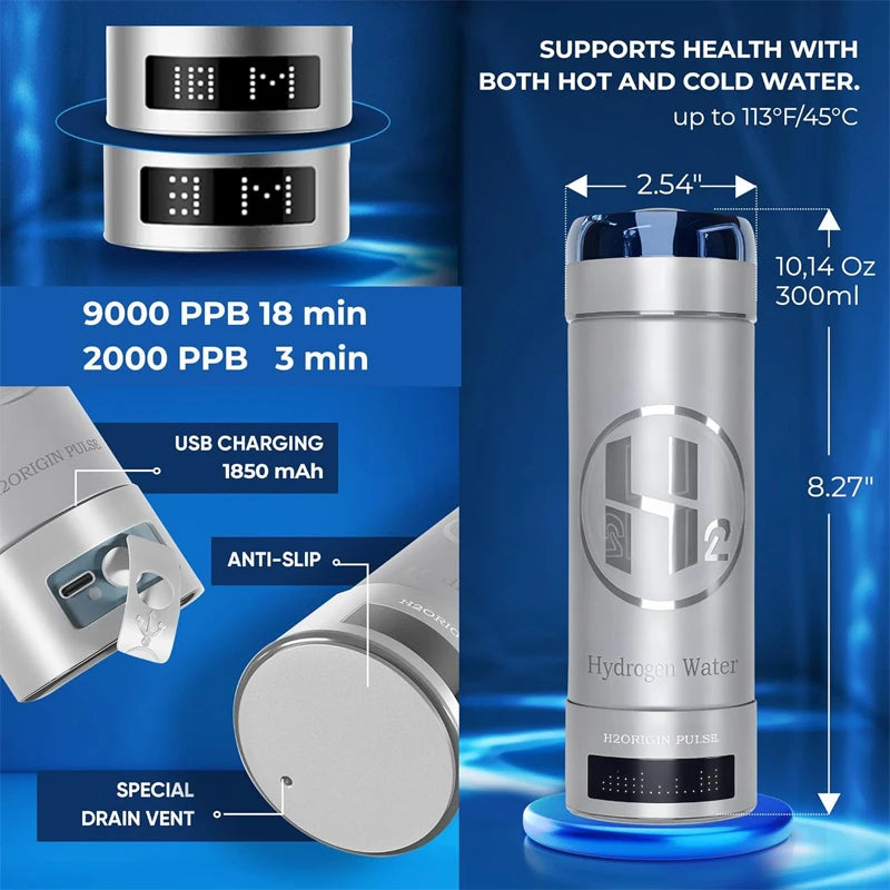Hydrogen water bottle with charging details and specifications on a blue background