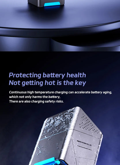 Product with text about protecting battery health on a dark background