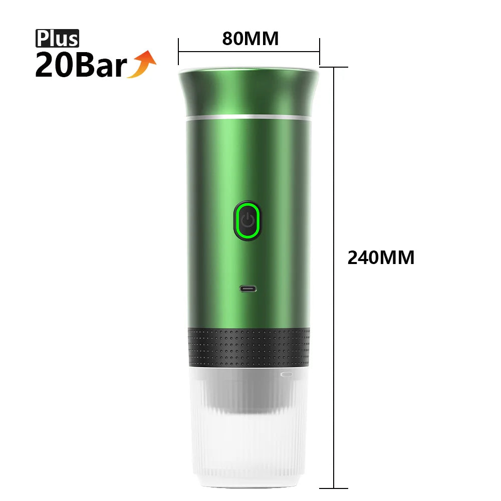 Green and white device with dimensions labeled, featuring the Plus 20Bar logo.