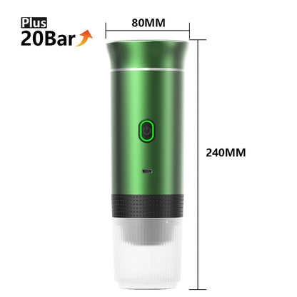 Green and white device with dimensions labeled, featuring the Plus 20Bar logo.