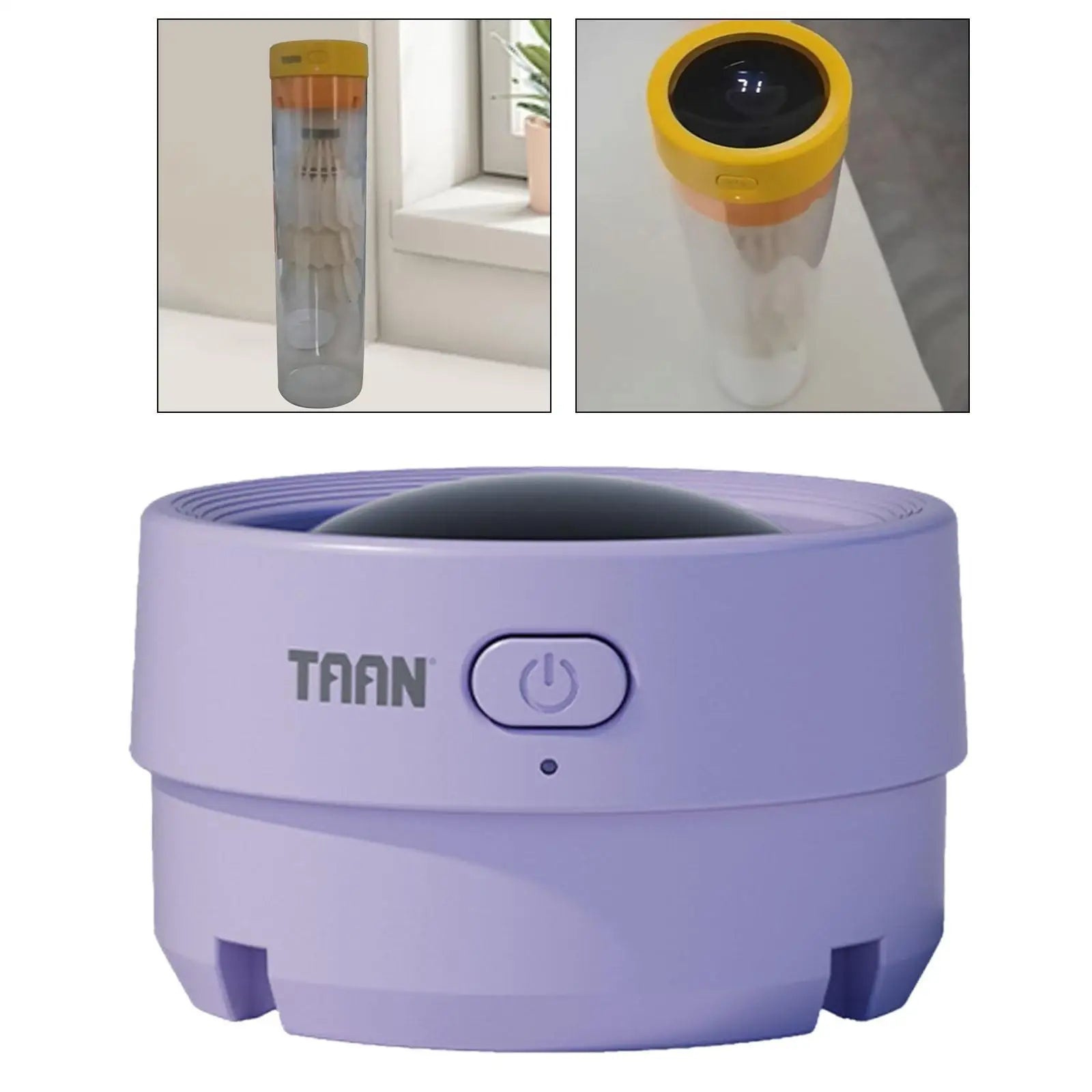 Purple badminton shuttlecock humidifier with a power button, TAAN branding, and close-up insets showing a filter.