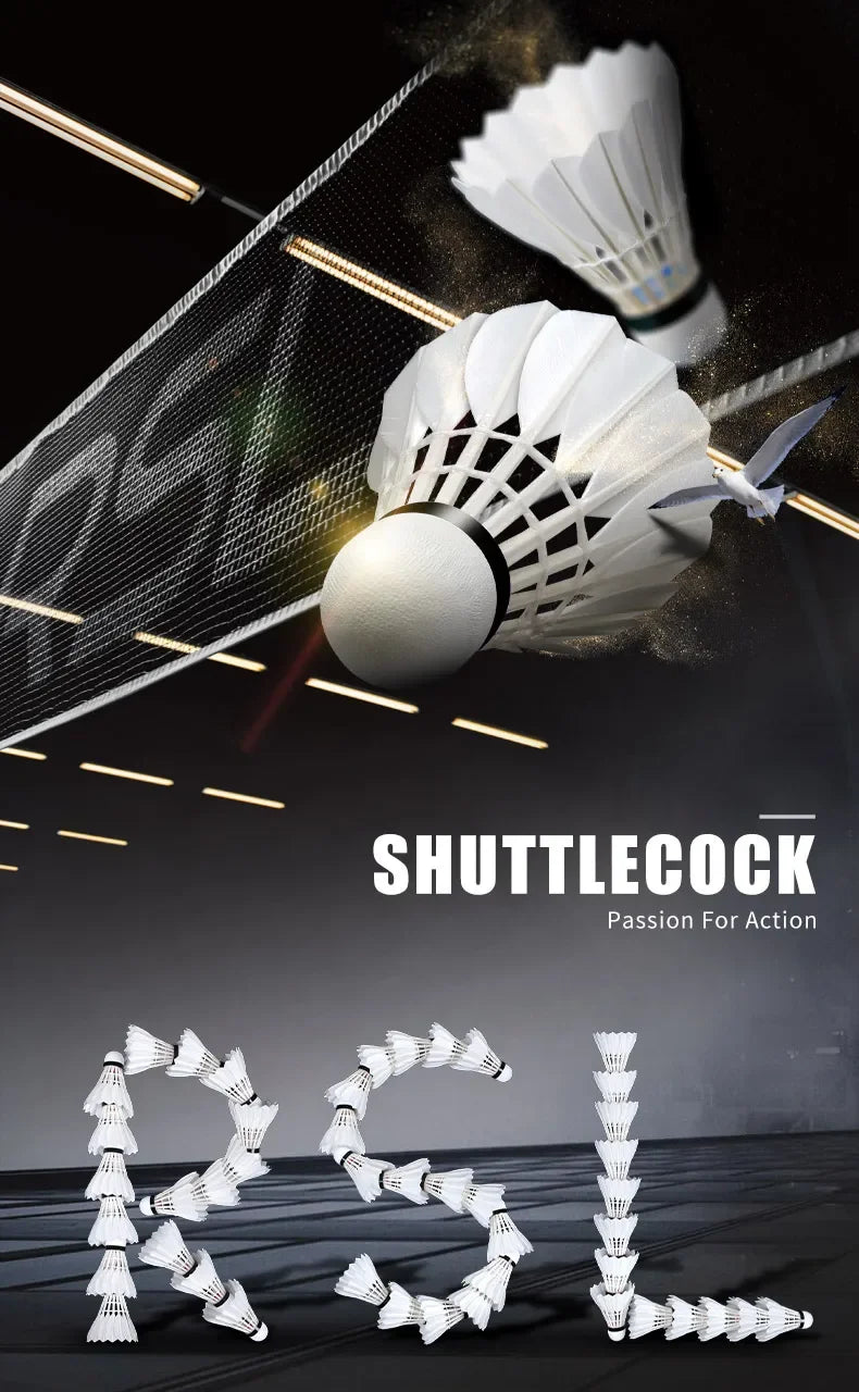 Badminton shuttlecocks in mid-air with a badminton court background, featuring the brand 'RSL'.