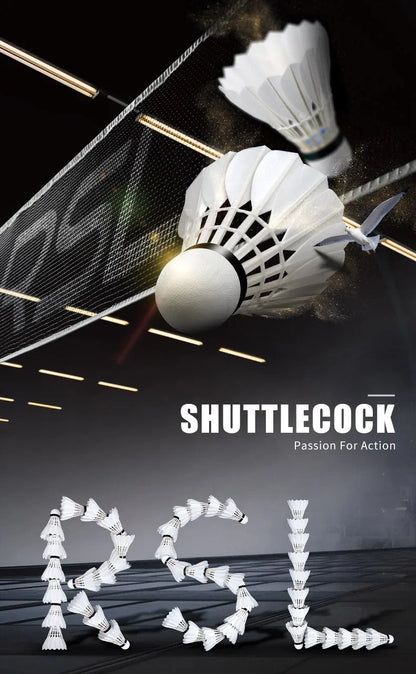 Badminton shuttlecocks in mid-air with a badminton court background, featuring the brand 'RSL'.