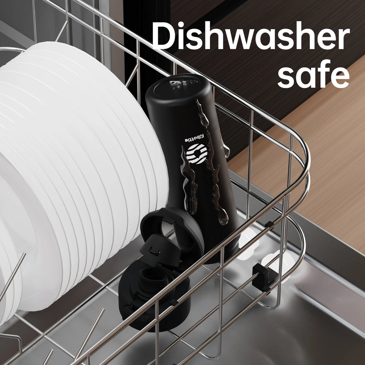 Dishwasher rack with black items and text 'Dishwasher safe' on a kitchen background
