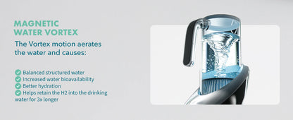 Magnetic water pitcher with text explaining its benefits on a light gray background