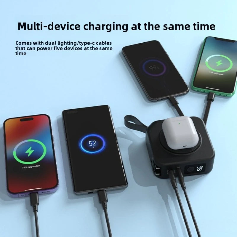 Multi-device charging station with multiple smartphones being charged on a light blue background.