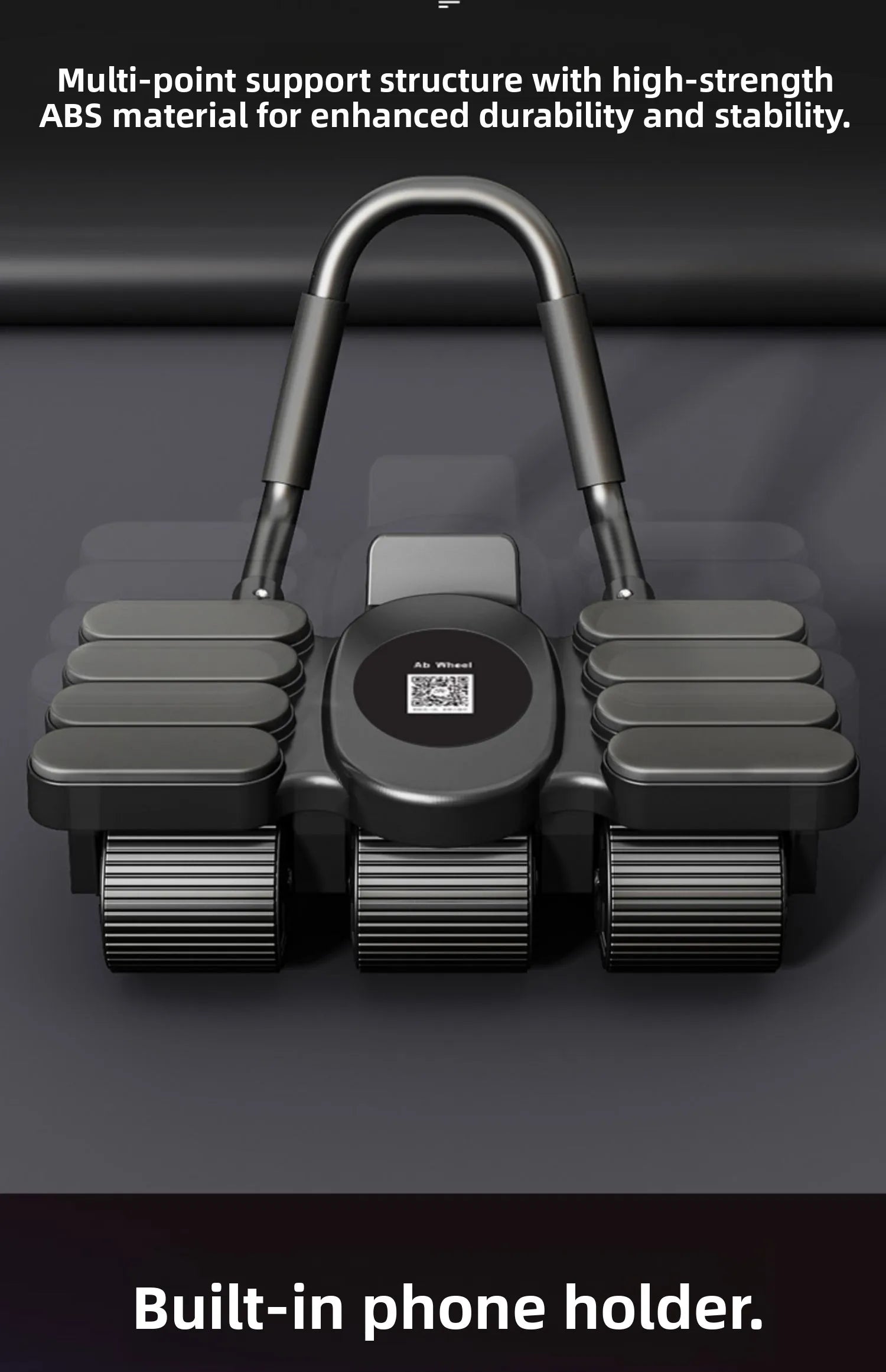 Multi-point support structure with high-strength ABS material and built-in phone holder on a dark background.