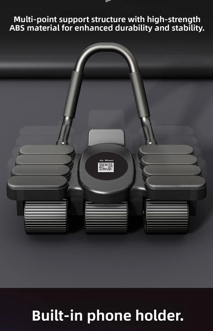 Multi-point support structure with high-strength ABS material and built-in phone holder on a dark background.