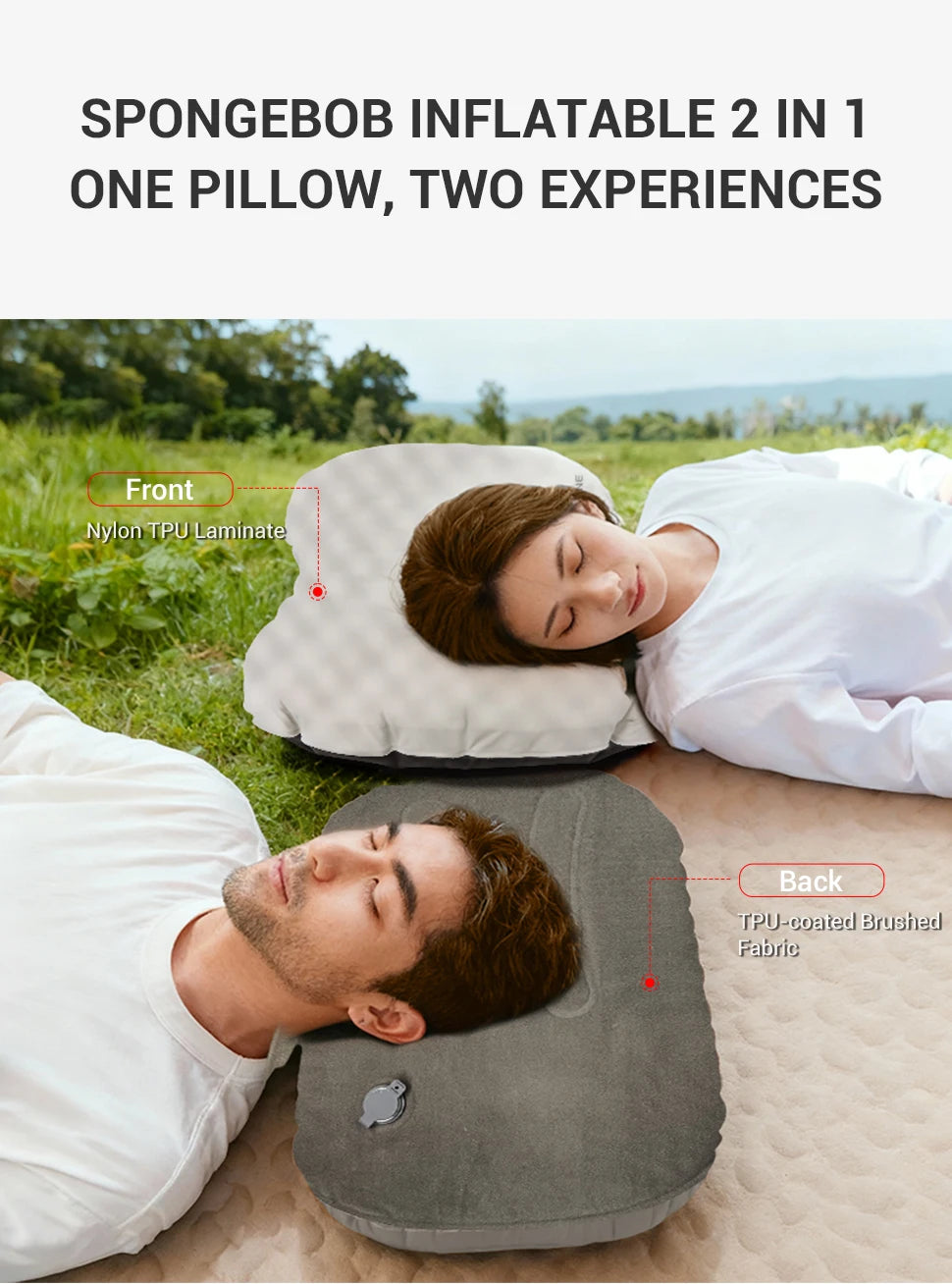 Two people lying on inflatable 2-in-1 pillows with text highlighting features.