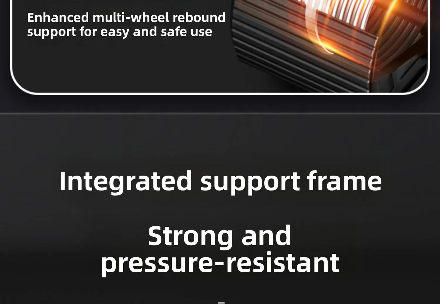 Product with text about enhanced multi-wheel rebound support and integrated support frame.