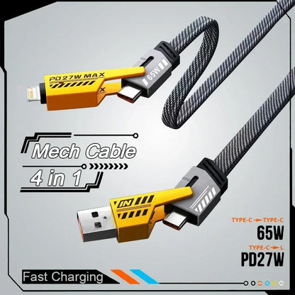 4-in-1 mech cable with USB and Lightning connectors on a gray background