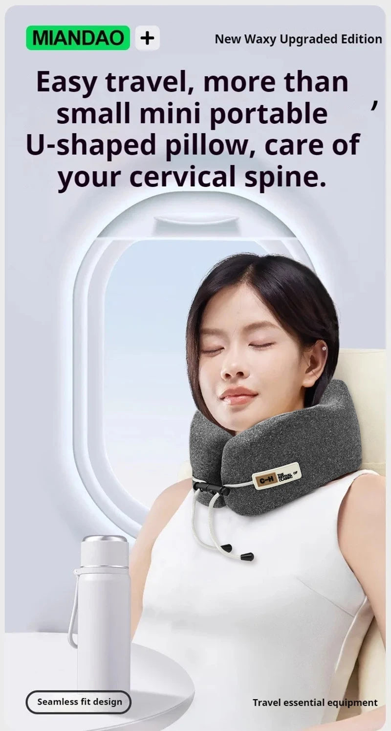 Woman using a neck pillow with a travel-themed background