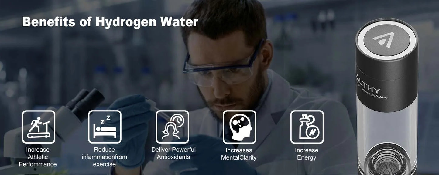 Person in a lab coat with hydrogen water benefits displayed, including increased athletic performance and mental clarity.