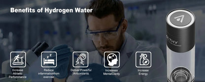 Person in a lab coat with hydrogen water benefits displayed, including increased athletic performance and mental clarity.