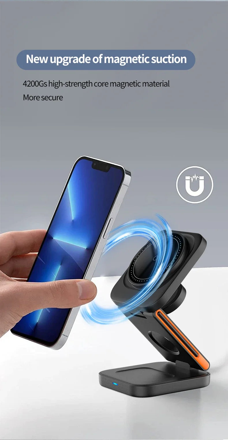 Smartphone being held above a magnetic phone stand with text about magnetic suction strength.