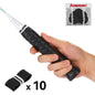 Hand holding a tennis racket with Kawasaki branded grip and packaging on a white background